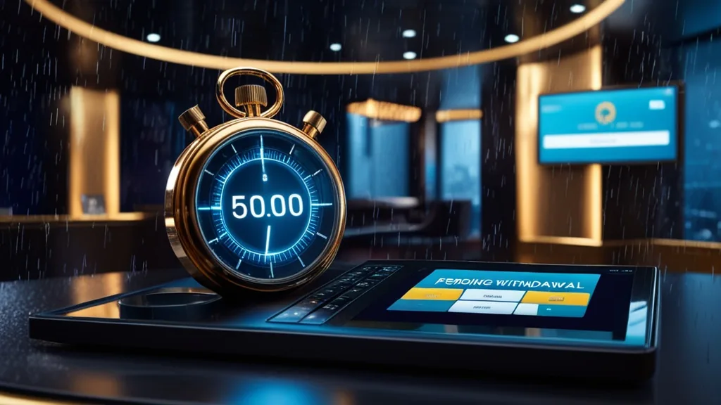 Dunkle Casino-Szene mit Wartestatus und Symbol für Auszahlungsdauer