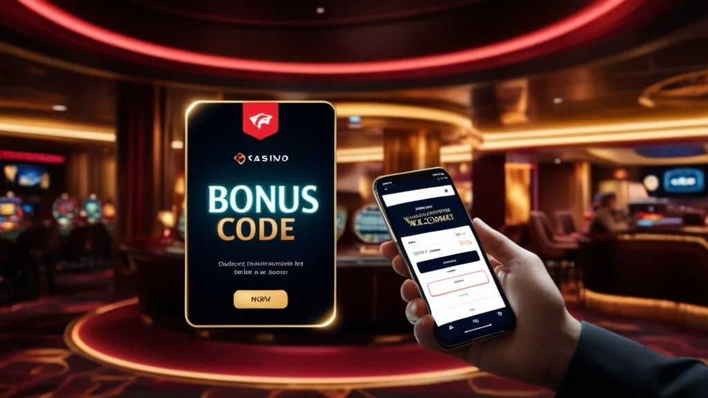 Neuer Spieler prüft einen Bonuscode auf dem Smartphone in einer Casino-Atmosphäre