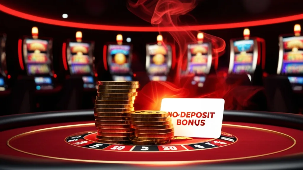 Freispiele und No-Deposit-Code auf einem Casino-Tisch mit Neonlicht
